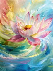 A artwork of pink lotus flower with a white center and colorful petals is blooming in the air, surrounded by swirling colors of light blue, yellow, red, green, purple, pink, and sky blue
