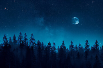 Pine forest at night on sky with moon and stars background in blue tones. AI Generative. - 754327914