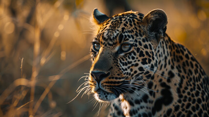 Majestic leopard in golden light, gaze piercing through the wild.
