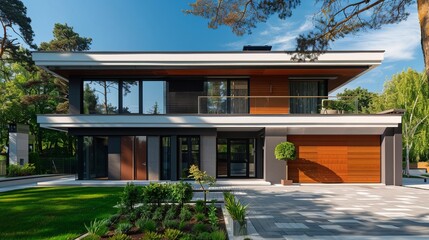 modern contemporary home with cedar paneling flat roof picture windows blue sky and lush green landscaping,single family home built with sustainable materials and energy-efficient features - obrazy, fototapety, plakaty