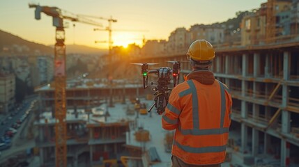 Surveying Engineers Operating Drone at Construction Site