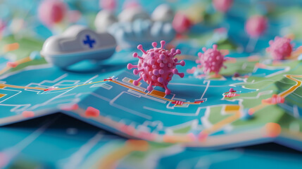 Fototapeta premium A map of the world with a pink virus on it