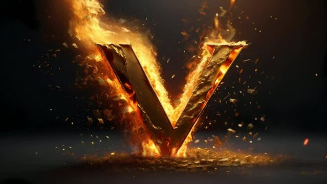 Letter V golden 3d on fire video animation,  seamless looping video animated background