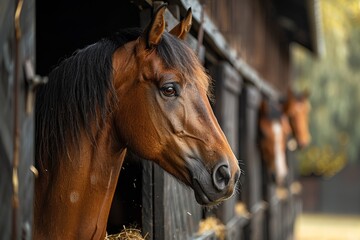  horse in the stable, horse ranch with a house and fence,old farm house