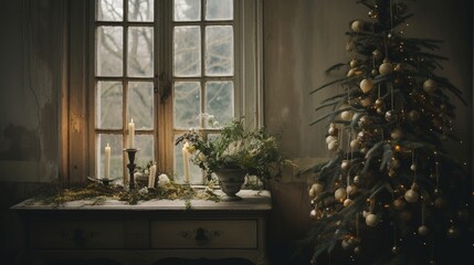 Generative AI, Garden in winter and Christmas home decoration, muted colors, holiday photorealistic aesthetic background.