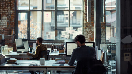 Fototapeta na wymiar Man working intently at a desk in a modern, sunlit industrial-style office.