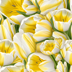 Spring's Gentle Embrace with Sunlit Caress: White and yellow tulips capture the soft touch of spring, kissed by sunlight, in a tranquil morning dance.
