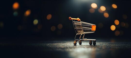 Generative AI, golden shopping cart on dark background with glittered bokeh, Black Friday concept, discount and sale.. - obrazy, fototapety, plakaty