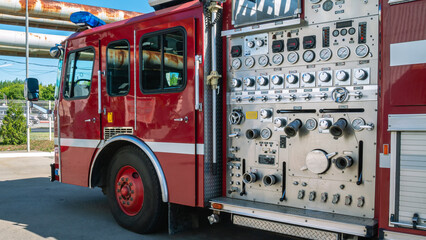 A fire truck to rescue people. A fire truck for delivering firefighters to the fire site and...
