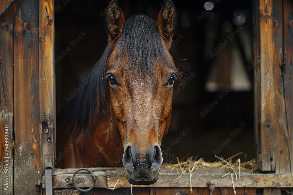 Wall mural  horse in the stable, horse ranch with a house and fence,old farm house