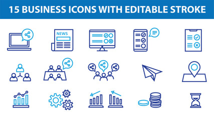 Set of business icons. Business and Finance web icons. Vector business and finance editable stroke line icon set with money, bank, check, law, graph, teamwork, payment.