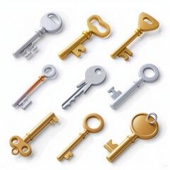 A set of keys with a gold and silver finish 3D rendering style on white. Image created by AI