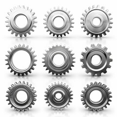 A set of nine gears, all of which are silver and have a similar design 3D rendering style on white. Image created by AI