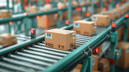 Caja en cinta transportadora de almacén logístico