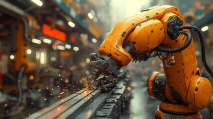 Fototapeta premium Industrial Robot Arm Welding on Production Line