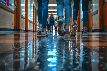 Students Walking in Rainy Corridor, To convey the feeling of a rainy day in a school setting with a unique and artistic perspective