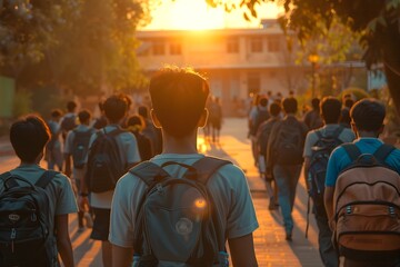 Young Students Walking to School at Sunrise and Sunset, To represent the journey and daily routine of young students going to school, highlighting - obrazy, fototapety, plakaty