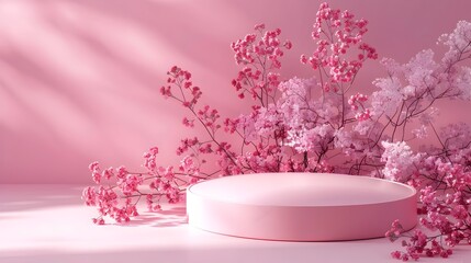 Pink Podium with Floral Background for Cosmetic Product Presentation, To provide a high-quality, visually appealing, and professional product