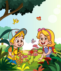 Obraz na płótnie Canvas Cute kids discover plants and insects in the forest or park. Nature lovers taking photos and reading books cartoon vector illustration