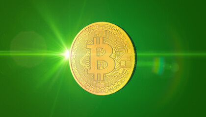 3d rendering of a golden, physical Bitcoin coin on a green background - business concept.