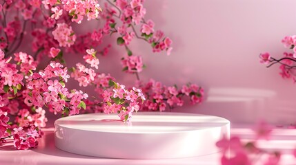 3D Podium with Pink Flowers for Cosmetic Product Presentation, To provide an eye-catching and elegant visual for promoting and launching new cosmetic