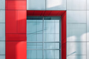 Contemporary Red Building Facade with Grey Window, To provide a visually appealing and unique image for use in marketing and advertisement campaigns,