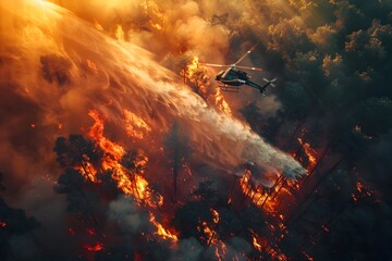 Helicopter Watering Down Forest Fire from Above, To convey a message of hope and resilience in the face of danger and destruction, showcasing the