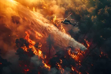 Fotobehang Helicopter Watering Down Forest Fire from Above, To convey a message of hope and resilience in the face of danger and destruction, showcasing the © TEERAWAT