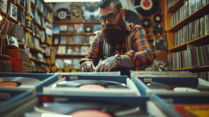 hipster man with beard and plaid shirt and suspenders, playing vinyl records in a vintage record store - obrazy, fototapety, plakaty