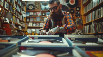 Poster Magasin de musique hipster man with beard and plaid shirt and suspenders, playing vinyl records in a vintage record store