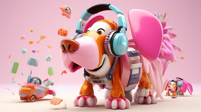 A minimalist 3D render of a basset hound puppy with long floppy ears wearing a simple collar
