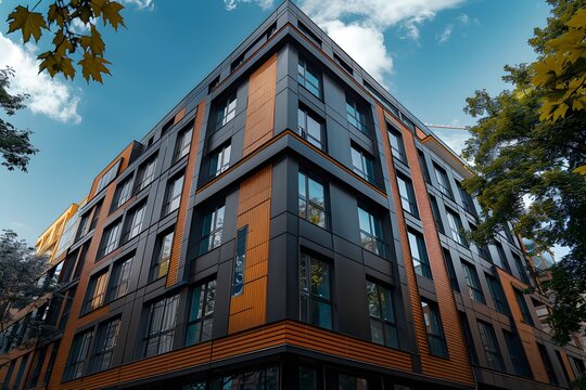 Modern Black and Orange Apartment Building, This image showcases a contemporary and stylish apartment building that is sure to appeal to anyone