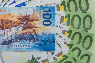 Closeup of 100 Swiss franc banknote and 100 euro banknotes