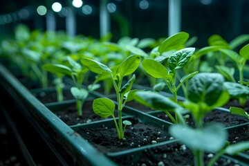 UV Light on Growing Green Plants in a Greenhouse, To showcase the process of plant growth in a greenhouse using different lighting techniques and the - obrazy, fototapety, plakaty