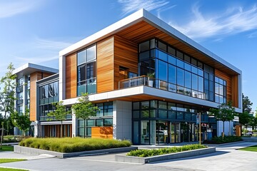 Fototapeta premium Modern Office Building with Wood Accents and Large Windows in RED pool, Canada, To showcase a modern and eco-friendly office building with wooden