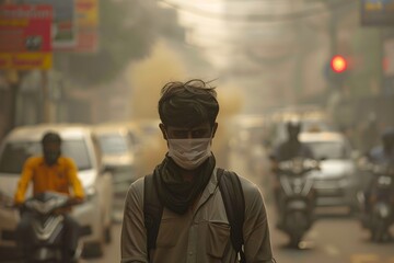 Man Walking Through Smog-Filled Street with Face Mask, To highlight the importance of protecting...