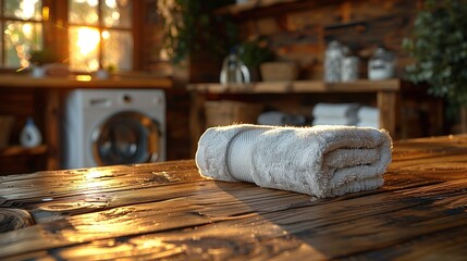 Empty wooden board with towels on blurred background of washing machine in home laundry. Place for product mounting and advertising. Folded towels and detergent on white washer and dryer. - obrazy, fototapety, plakaty