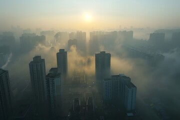 Fototapeta na wymiar Urban Fog Rising in Chinese City at Dawn, To promote environmental consciousness in urban development and showcase the unique beauty of Chinese