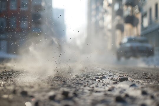 Urban-inspired road construction scene with dust and steam, To provide a visually striking and relevant image for urban and infrastructure-themed