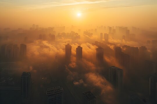 Shanghai at Sunrise A Foggy City Aerial View, To evoke a sense of environmental consciousness and the impact of urbanization on our cities