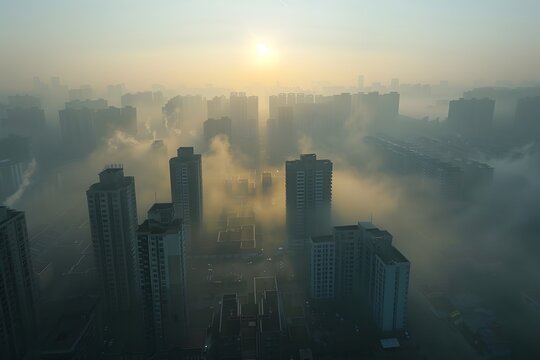 Urban Fog Rising in Chinese City at Dawn, To promote environmental consciousness in urban development and showcase the unique beauty of Chinese