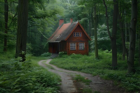 Red Cottage in the Woods A Flickr-Style Image, To convey a sense of peace and tranquility, ideal for promoting travel or retreats to rustic, natural