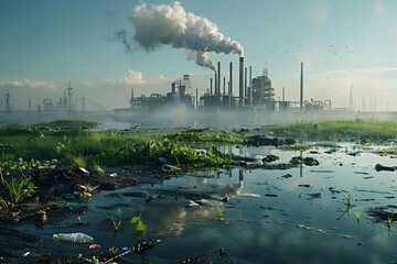 Industrial Plant Surrounded by Garbage and Water, To highlight the impact of industrialization on the environment and promote conservation efforts