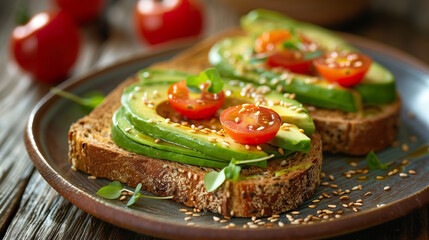 Avocado toast topped with fresh cherry tomatoes, sesame seeds, and microgreens on a rustic whole-grain bread slice. 
