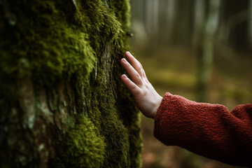 Little boy is touching huge tree. Nature connection concept.