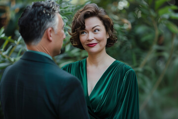 Mature elegant woman is flirting with a man on a first date. Outside scene.