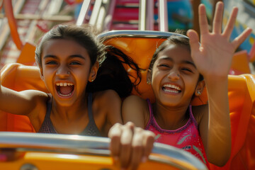 Girls having fun at roller coaster in amusement park.
