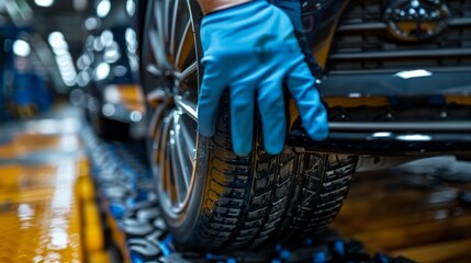 mechanic changing car wheel tire with pneumatic wrench in auto service