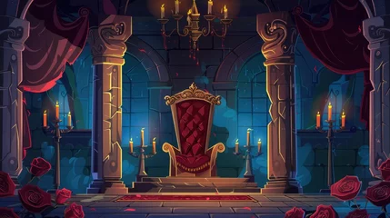 Deurstickers Castle hall room with king's throne at night The cartoon kingdom inside has red and gold seats on pedestals. Carpets and curtains Stone pillars and chandeliers © Keat