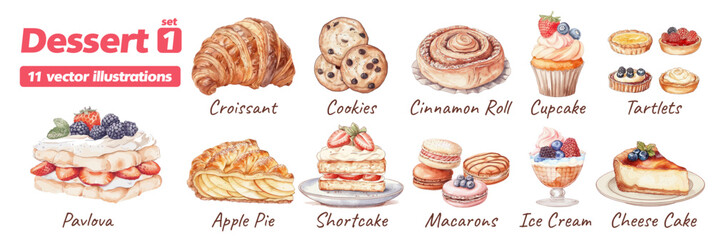 Set of vector watercolor pastry and dessert icons isolated on white background for game design. Tasty sweets for game collection: ice cream, macaroon, muffin, pudding, cake. 